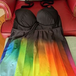 Women's black and rainbow tankini top 3x